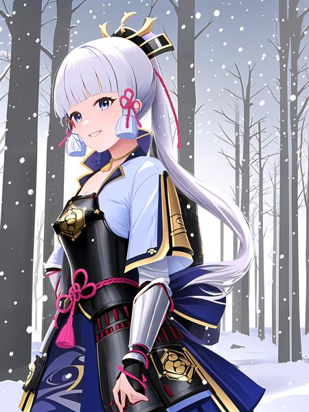 20230203093969-2646518043-ayaka, genshin impact, 1girl, armor, highres, white hair,smile, winter, snowing.png